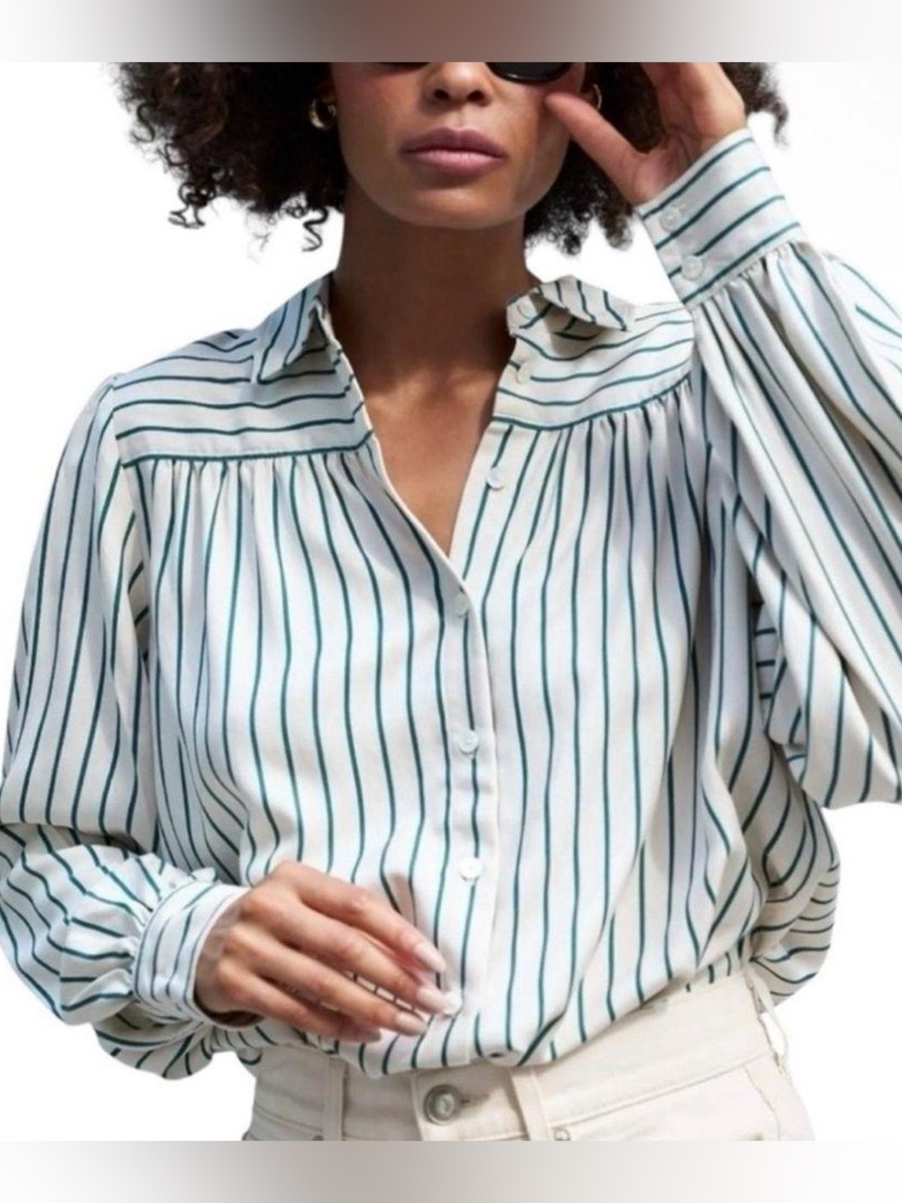 AYR the new age silk peasant blouse green striped size small